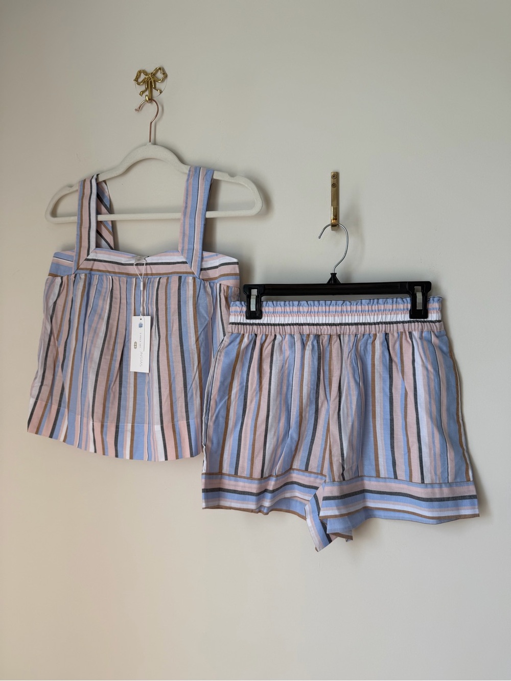 Caroline Constas Pink Blue and Tan Striped cotton Tank Top and shorts set